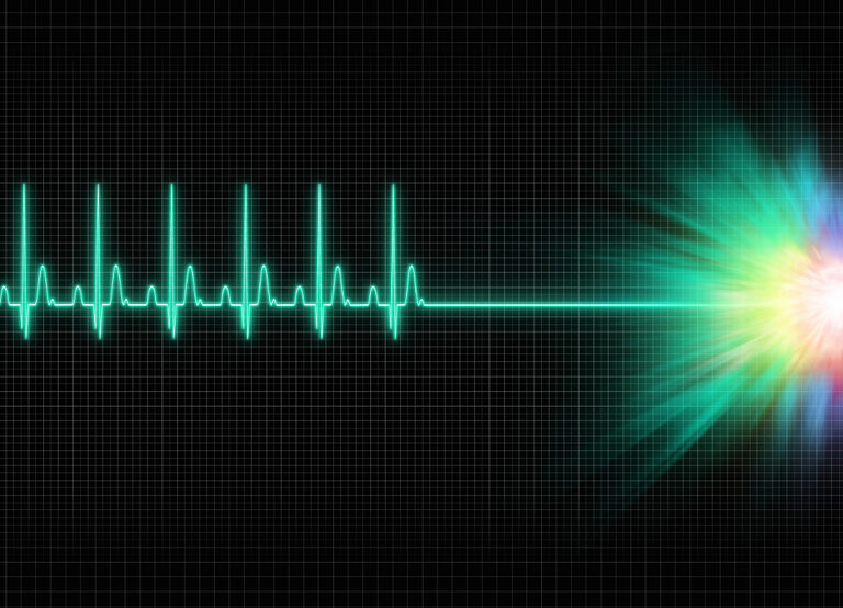 EKG-vonal egy fénypontba fut: a biológiai élet vége és az örök élet szimbolikus kezdete. - illusztráció