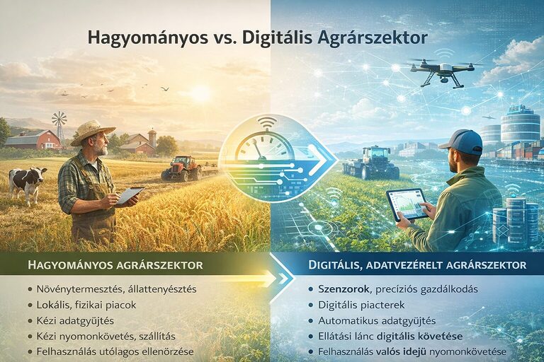 Hagyományos és digitális agrárszektor vizuális összehasonlítása: klasszikus gazdálkodás és modern, adatvezérelt mezőgazdaság drónokkal és szenzorokkal