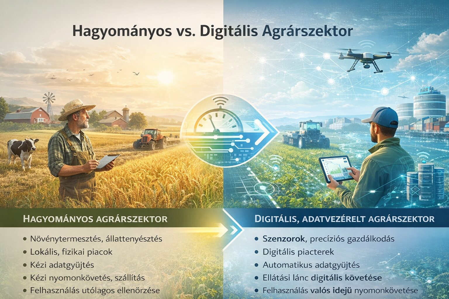 Hagyományos és digitális agrárszektor vizuális összehasonlítása: klasszikus gazdálkodás és modern, adatvezérelt mezőgazdaság drónokkal és szenzorokkal